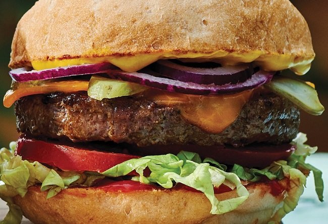 Gros plan d’un burger juteux garni de divers ingrédients dans un pain