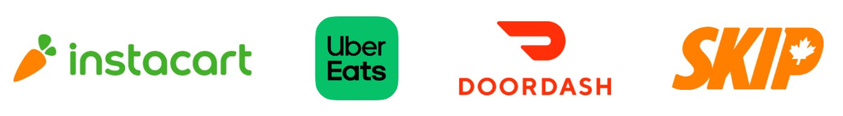 Logos d’Instacart, Uber Eats, DoorDash et Skip sur fond blanc